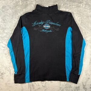 Harley Davidson Mock Neck Shirt Womens Large Black Teal Blue Long Sleeve Cotton